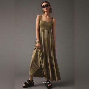 Anthropologie Mare Mare Pleated Maxi Dress Khaki Olive Green NWT